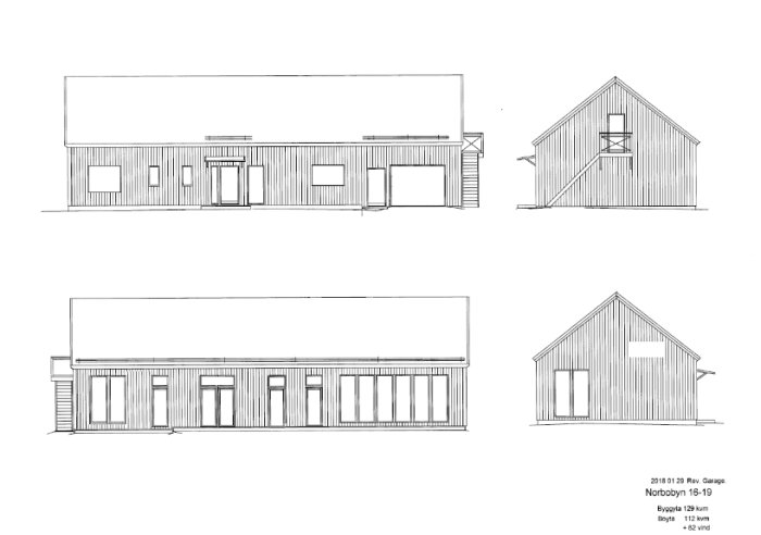 Arkitektritningar av ett enplanshus utan garage och oinredd övervåning, fyra vyer inklusive planlösning.