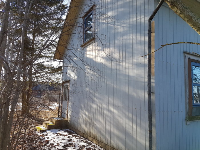 Sidoansikt av en blå trästuga med vita fönsterkarmar, omgiven av träd och delvis täckt av snö.