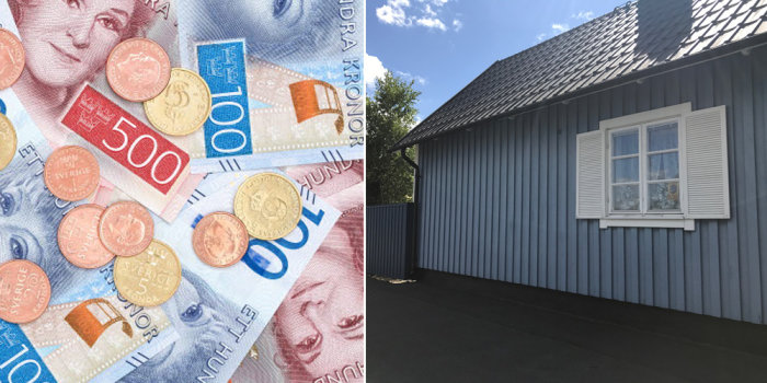 Svenska sedlar och mynt bredvid bild på ett blått hus med vita knutar, symbol för bolån.