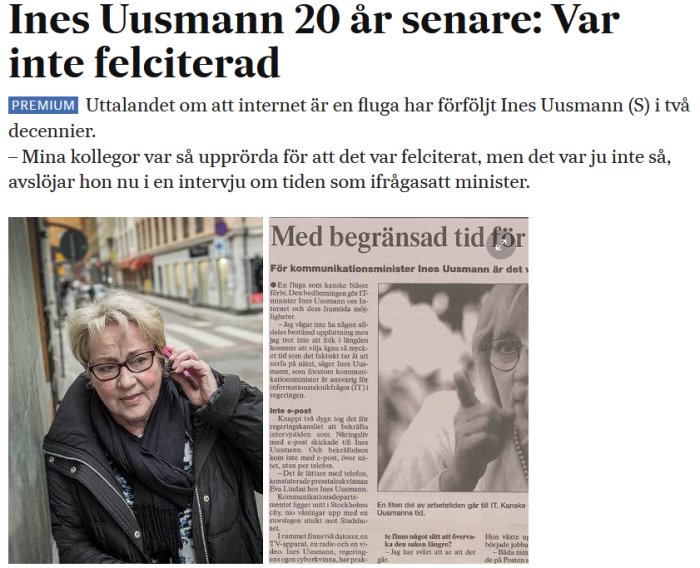 Äldre kvinna som pratar i mobiltelefon på en stadsgata, tidningsartikel om Ines Uusmann i bakgrunden.