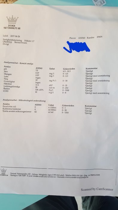 Vattenanalysrapport som visar pH, mangan, järn och andra värden med kommentarer, daterad 2017.