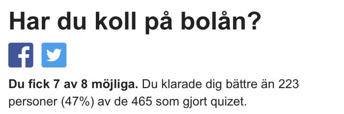 Skärmdump från ett resultat av ett quiz som visar användarens poäng och jämförelse med andra.