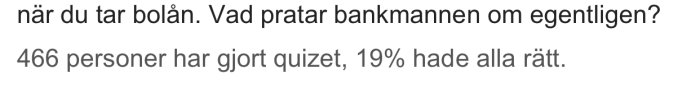 Text på quiz-resultat visar att 466 personer har gjort quizet och 19% hade alla rätt.