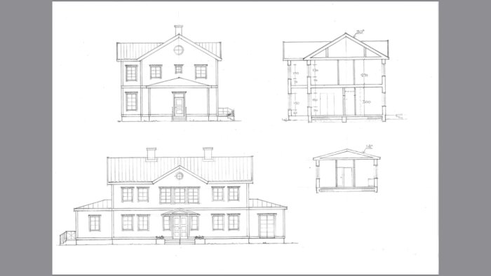 Arkitektritningar av husets fasad och sektioner med måttangivelser.