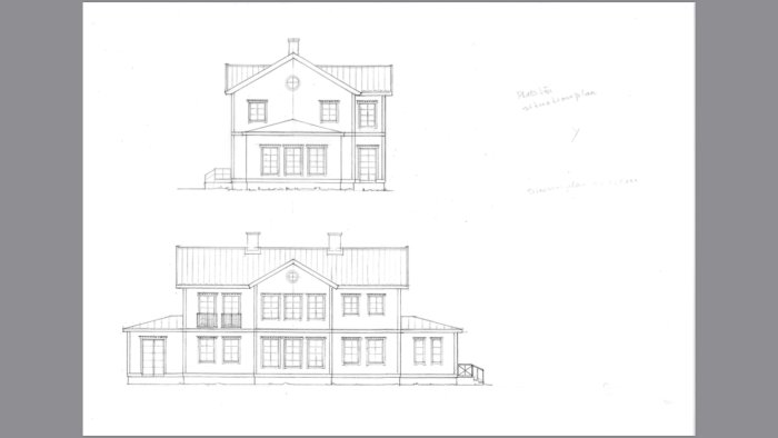 Arkitektritningar av en friliggande villa med två våningar, framifrån och från sidan.