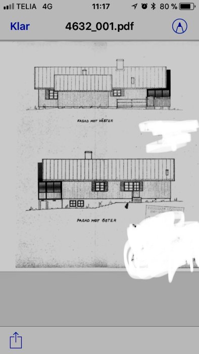 Ritningar av husfasad mot väster och öster för planerat uterum, visas på smartphone-skärm.