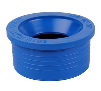 Blå plastmuff för röranslutning, märkt med dimensioner.