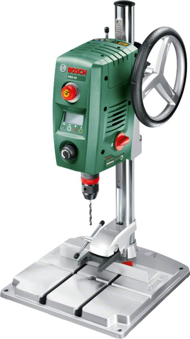 Bosch PBD 40 bänkmodell pelarborrmaskin på en metallisk arbetsyta.