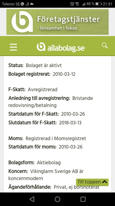 Skärmbild från allabolag.se som visar status på ett företag, avregistrerad för F-skatt.