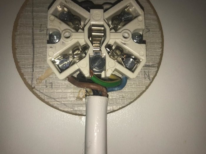 Elkontakt för spis med oladdade kablar och säkerhetsplatta på en vägg.