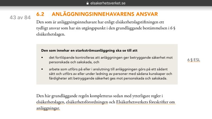 Skärmdump av elsäkerhetslagen från Elsäkerhetsverkets webbplats med rubriken "Anläggningsinnehavarens ansvar".