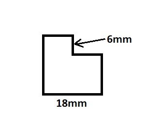 Schematisk ritning av en list med fals, markerad med mått 6mm och 18mm.