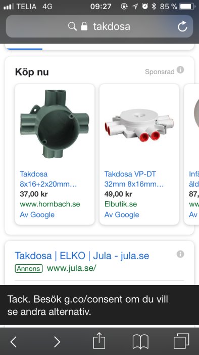 Skärmdump av en onlinebutiksproduktlista som visar olika modeller av elektriska takdosor.