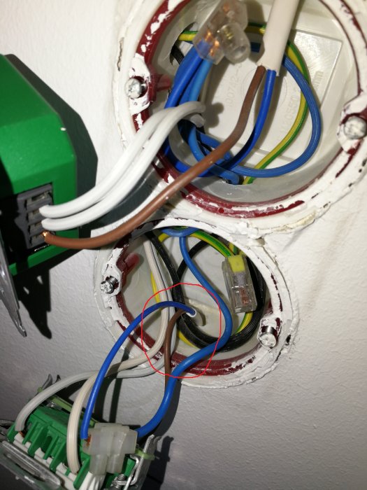 Öppen elinstallation med lampsladd och olika kablar anslutna till en LED-driver och strömställare.