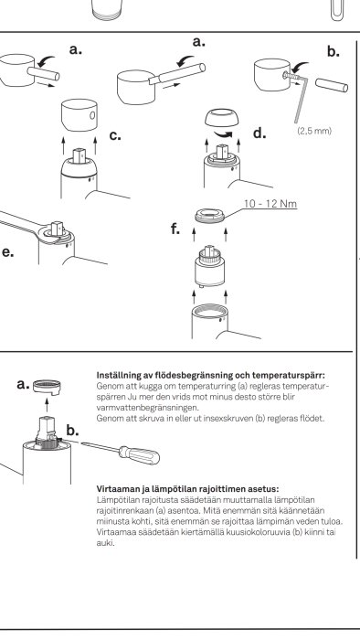 Instruktionsbilder för installation av flödesbegränsning och temperaturspärr för en vattenarmatur.