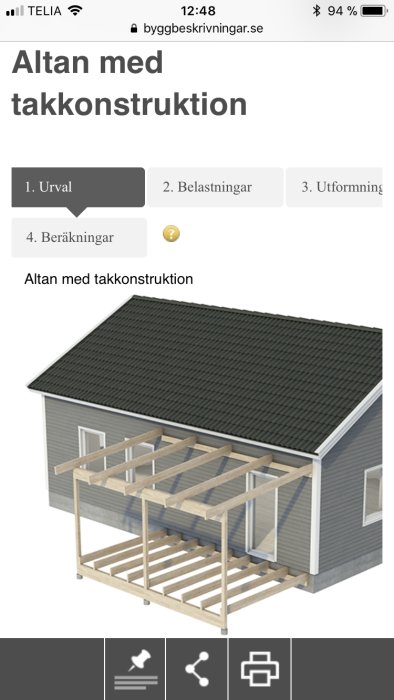 3D-modell av altan med takkonstruktion, visar steg för byggbeskrivning.