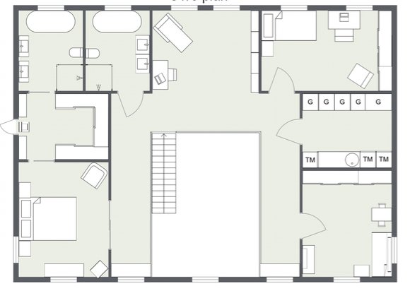 Ritning av en planlösning för ett hus med markerade rum och möblering för hall, kök, vardagsrum, matsal och sovrum.