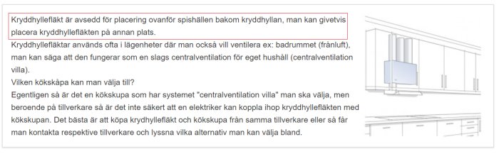 Schematisk illustration av köksventilation med kryddhyllfläkt ovanför spis och beskrivande text.