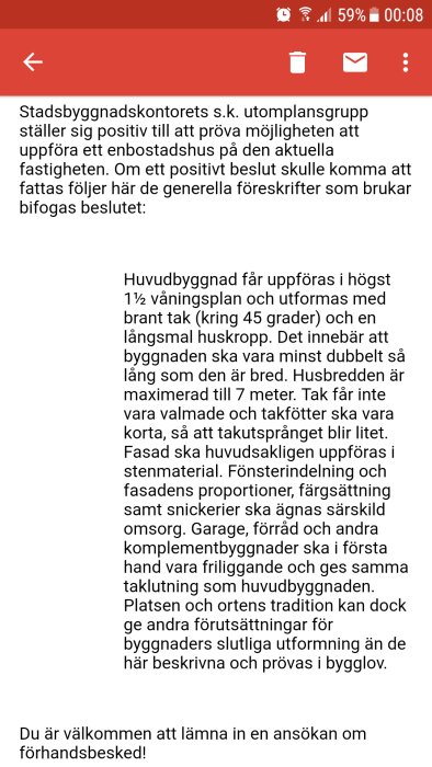 Skärmdump av ett textdokument med byggnormer och riktlinjer för en enbostadshusansökan.