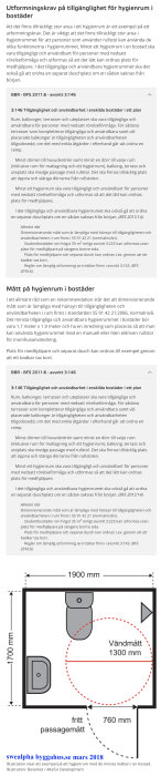 Illustration över utformningskrav för hygienrum i bostäder enligt Boverket med måtten 1900x1700 mm och fri passage på 760 mm.