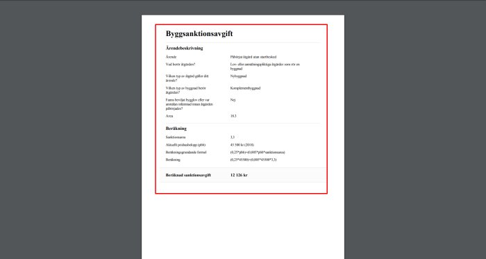 Screenshot av Boverkets guide för beräkning av byggsanktionsavgift med resultatet 12 126 kr.