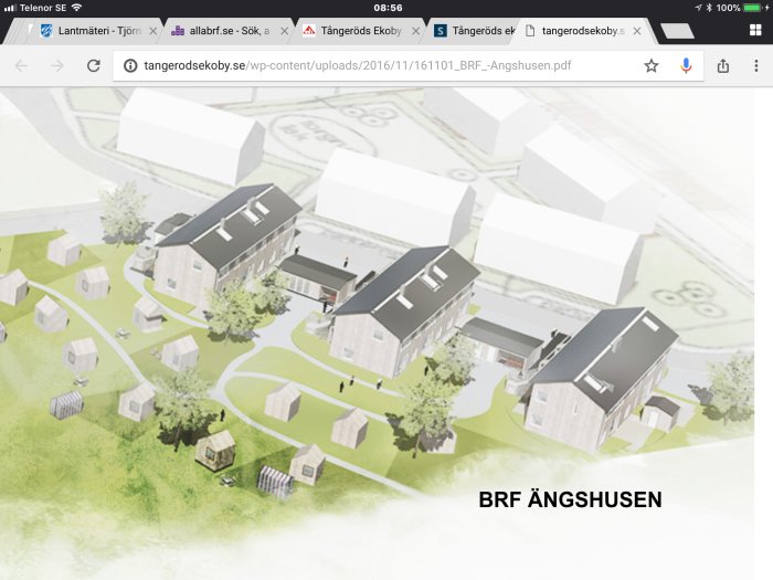 Illustration av bostadsområdet BRF Ängshusen med flerfamiljshus och planerade parkeringsplatser.
