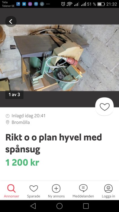 Incahyvel med spånsug i verkstadsutrymme säljes till lågt pris.