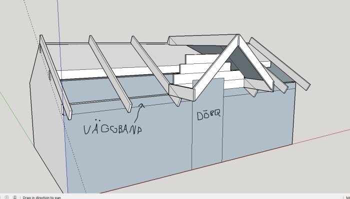 3D-skiss av timmerstuga med låg ytterdörr och markerat väggband där användaren planerar att såga av för att höja dörröppningen.