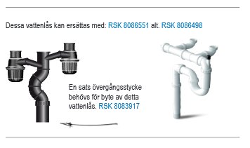 Bild på blandarrör med övergångsstycke och vattenlås, text med produktnummer.