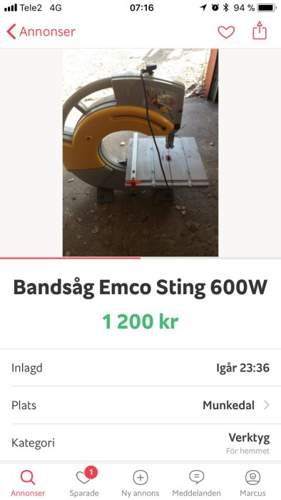 Bandsåg Emco Sting 600W till salu på mobilskärm, visas med pris och försäljningsdetaljer.