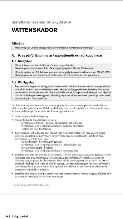 Text från en sida i regelboken "Installationeregler till skydd mot vattenskador" som diskuterar för-läggning av tappvattenrör.