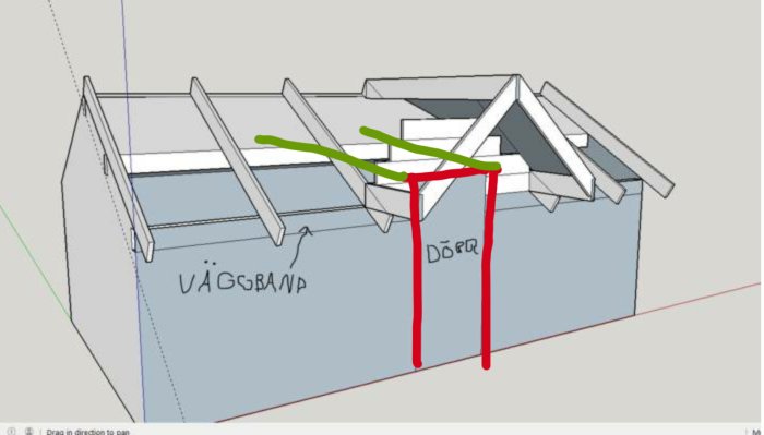 3D-modell av takkonstruktion med röda och gröna linjer som föreslår ram och stabilisering.