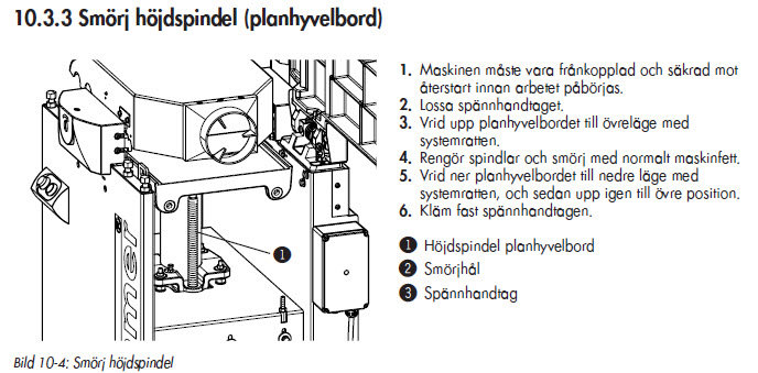 Illustration från manual som visar stegen för att smörja höjdspindel på en maskin.