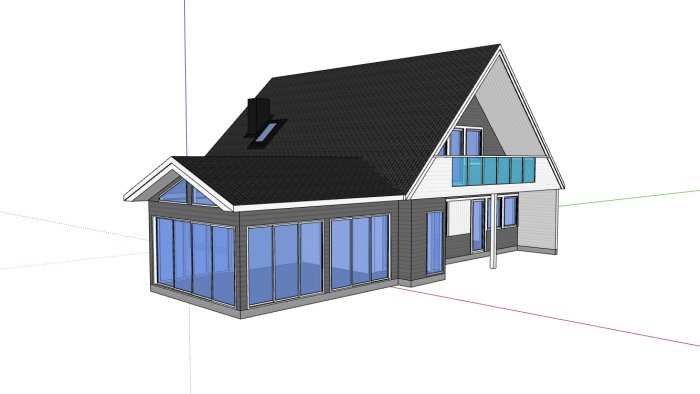 3D-modell av ett hus med integrerat uterum designat i Sketchup, inkluderande stora glaspartier.