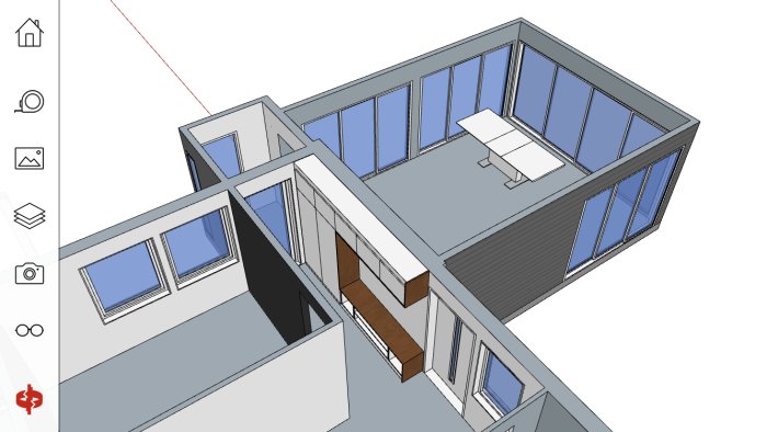 Skiss i 3D av ett egenritat uterum med dubbelglas anslutet till hus, designat i Sketchup.