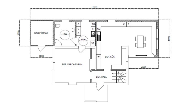 Ritning av en tillbyggnad med nytt badrum, tvättstuga och utvidgat kök och matplats för renovering av torp.