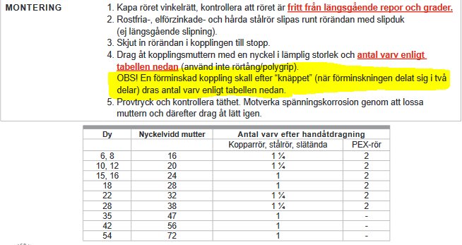 Monteringsinstruktion för klämring med varningstext och tabell över antal varv för dragåtstramning.