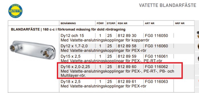 Produktblad för Vatette blandarfäste med fokus på en rad som beskriver en anslutningskoppling för blandarfäste markerad med rött.