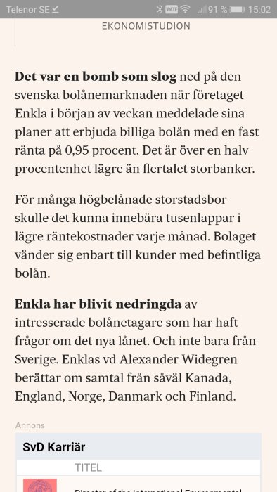 Skärmbild av en artikel om bostadslån på en mobiltelefon med text och rubrik.