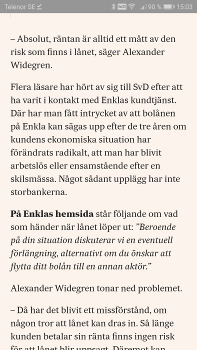 Skärmdump av en textartikel på en smartphone som diskuterar bostadslån och ekonomisk risk.