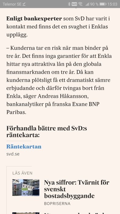 Skärmdump av en nyhetsartikel på mobil med text och länk till räntekarta.