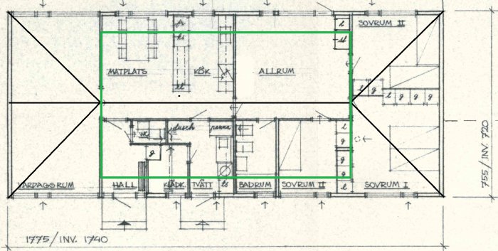 Ritning av en bostadsplanslösning som visar uppdelning av rum och möjliga placeringar för takfönster.