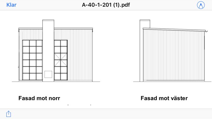 Arkitektonisk ritning av en byggnads norra och västra fasader med fönster och insats.