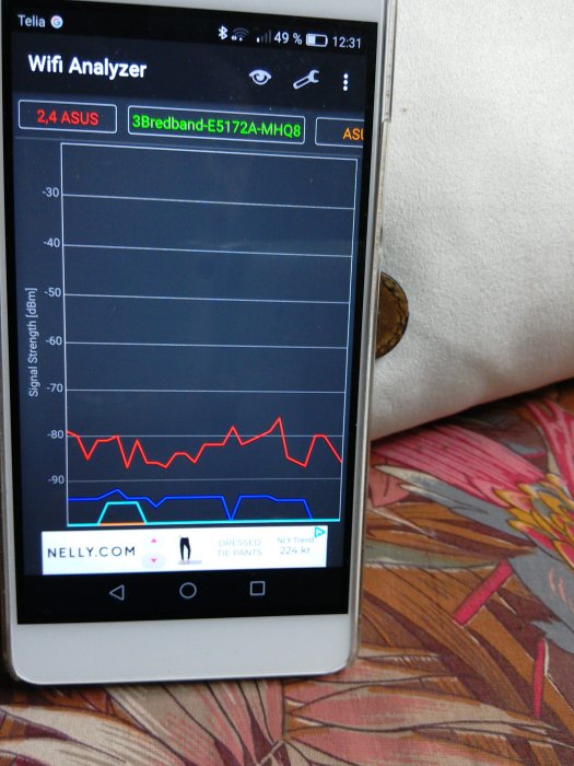 Smartphone som visar en WiFi Analyzer-app med ett rött streck som representerar 2,4 GHz-nätverkssignal.