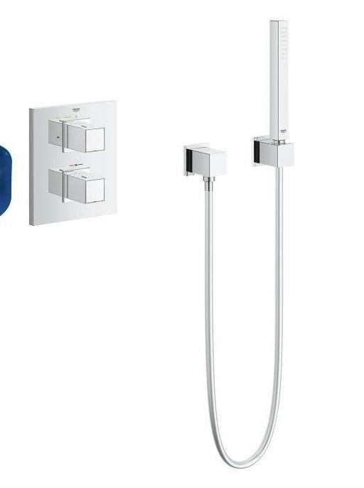 Groheterm Cube inbyggnadsdusch med reglage och duschhandtag på väggen.