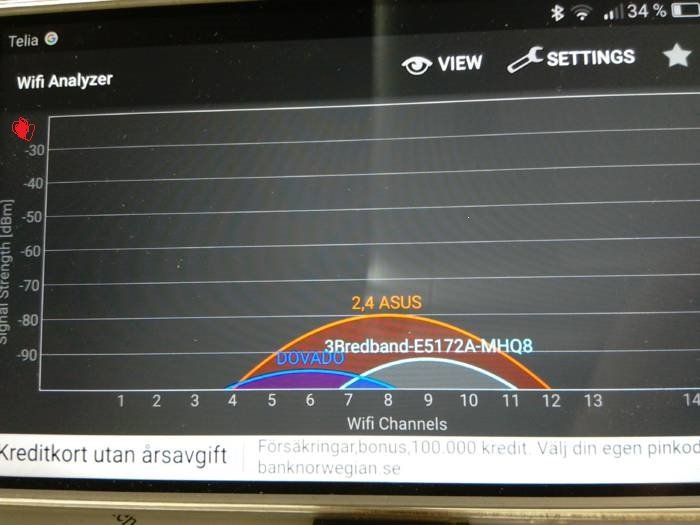 Skärmbild av en Wifi Analyzer-app som visar signalstyrkan för olika nätverk, med en röd markering.