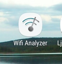 Appikon för Wifi Analyzer på en Android-enhet mot suddig bakgrund.