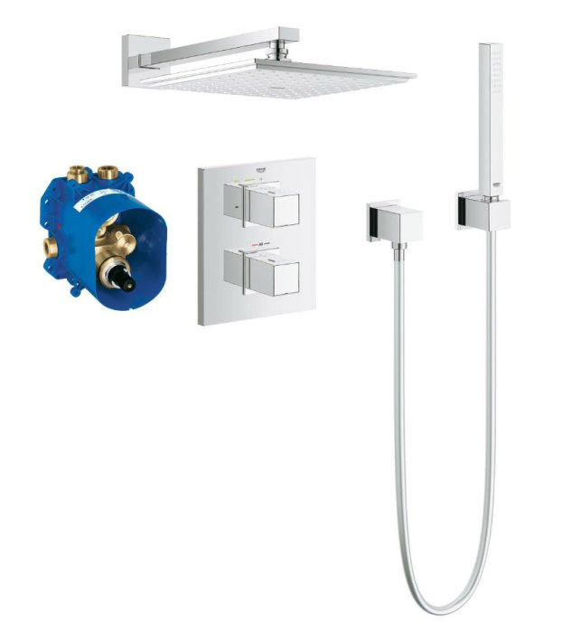 Grohe inbyggnadsdosa och duschsystem med takdusch, blandarpanel och handdusch.