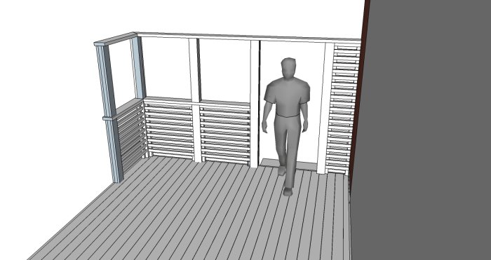 3D-ritning av ett byggprojekt som visar en altan med lä/insynsskydd av vertikala ribbor och en figur som representerar en person.