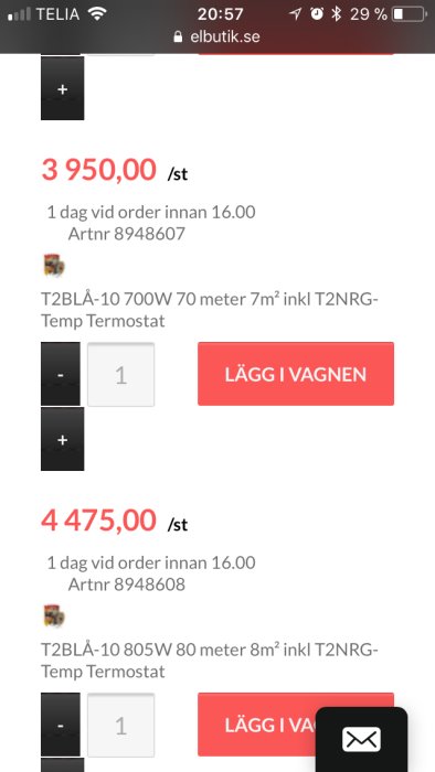 Skärmdump från webbutik som visar priser för två olika typer av värmekablar med termostat.